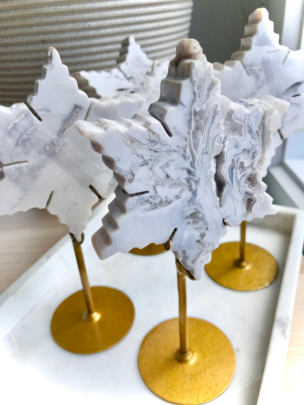 Druzy White Plume Agate Snowflake On Metal Stand