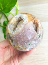 Load image into Gallery viewer, Sparkly Hematoid Pink Amethyst Sphere w/ Green Jasper Inclusions
