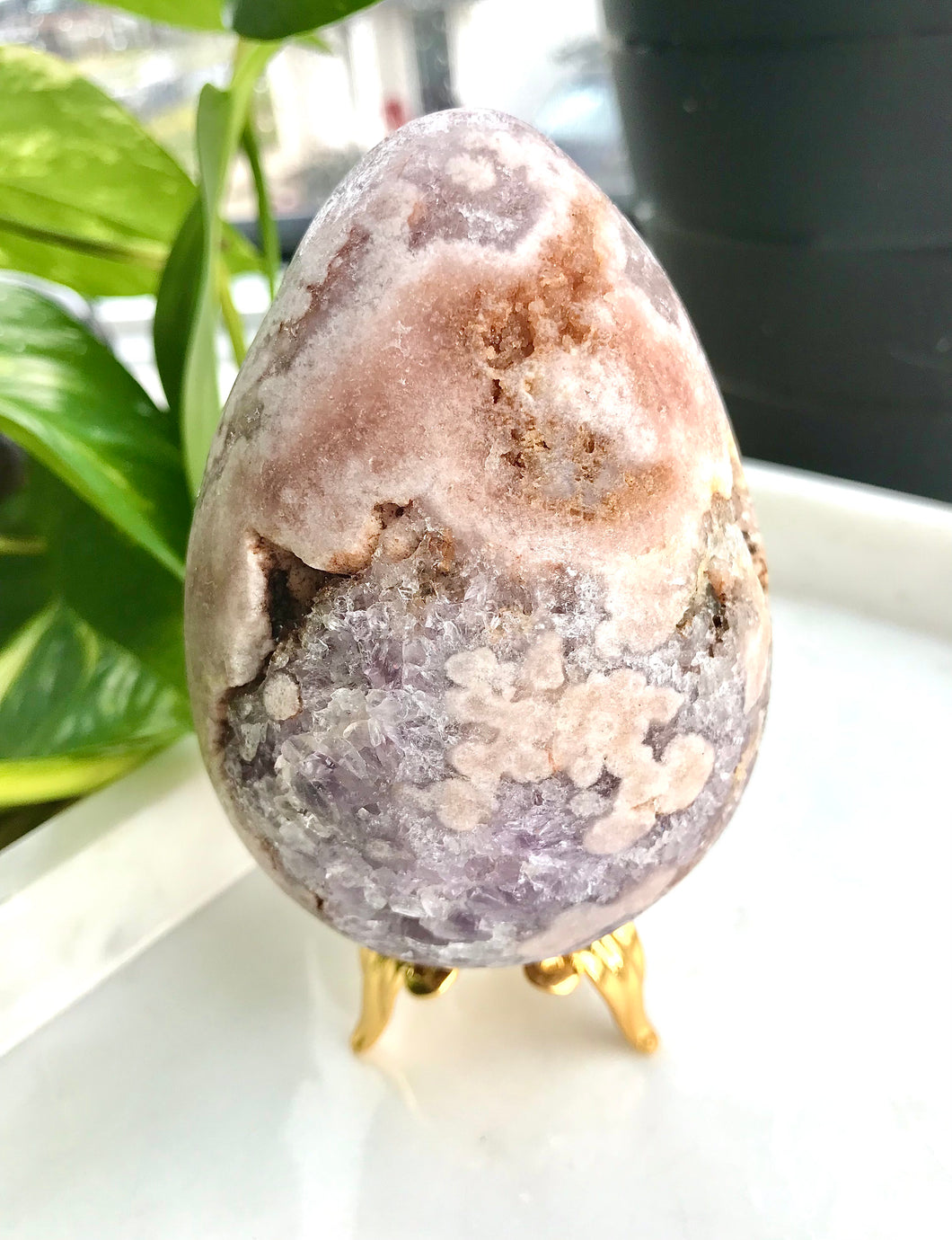 Pink Amethyst, Quartz & Purple Amethyst Crystal Egg Carving
