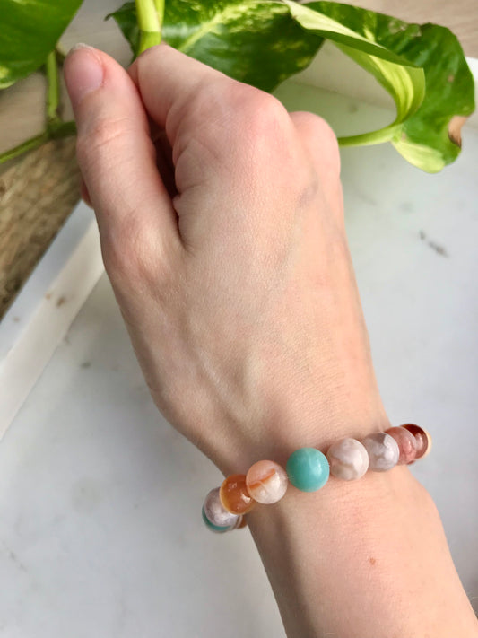 Green & Pink Flower Agate Bracelet