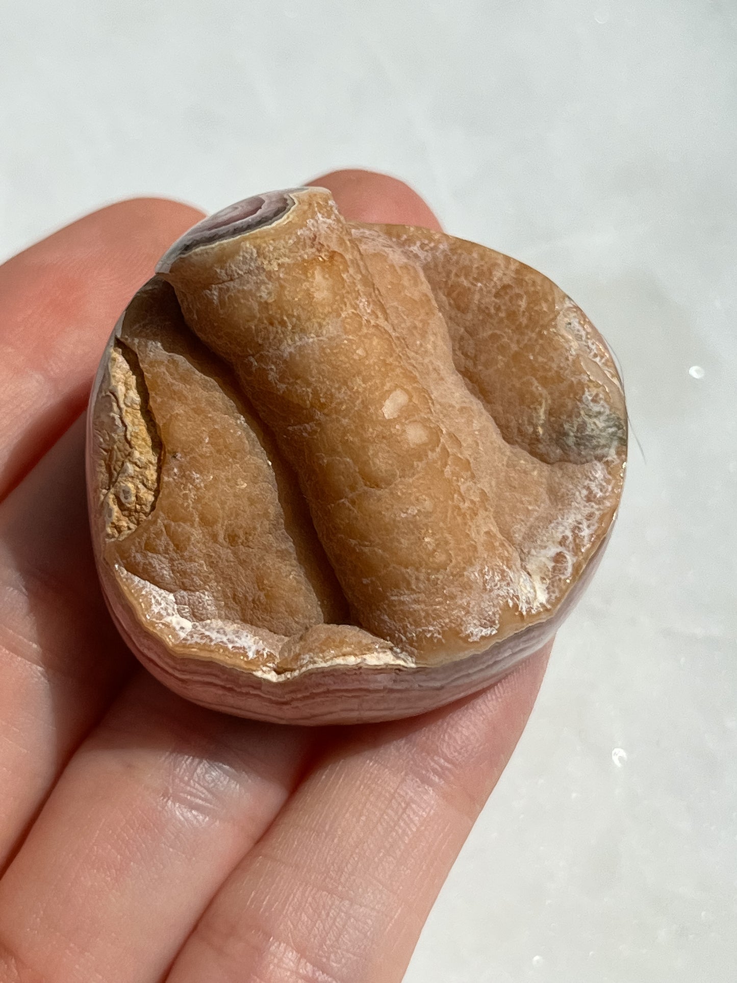 Raro espécimen de estalactita pulida "bola de cañón" de rodocrosita de la década de 1980 #39