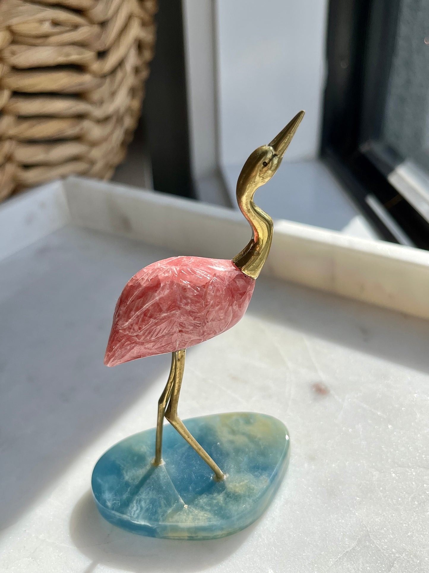 ‘Emmilene’ Rhodochrosite & Brass Flamingo Carving on Lemurian Aquatine Calcite Base