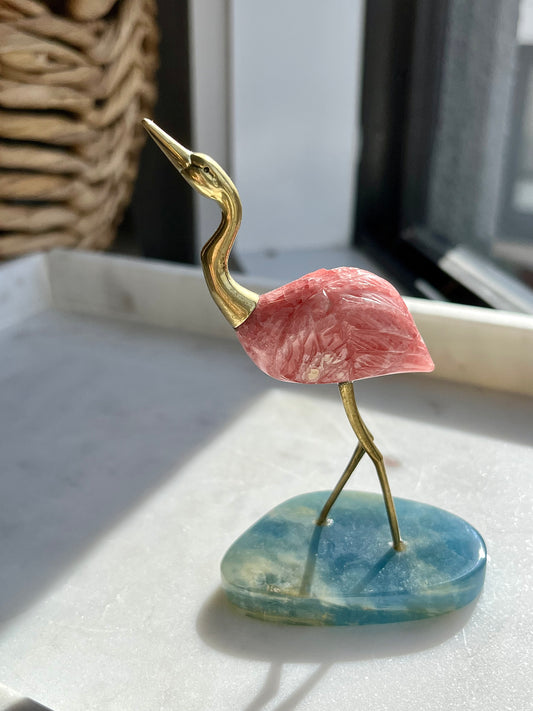 ‘Emmilene’ Rhodochrosite & Brass Flamingo Carving on Lemurian Aquatine Calcite Base