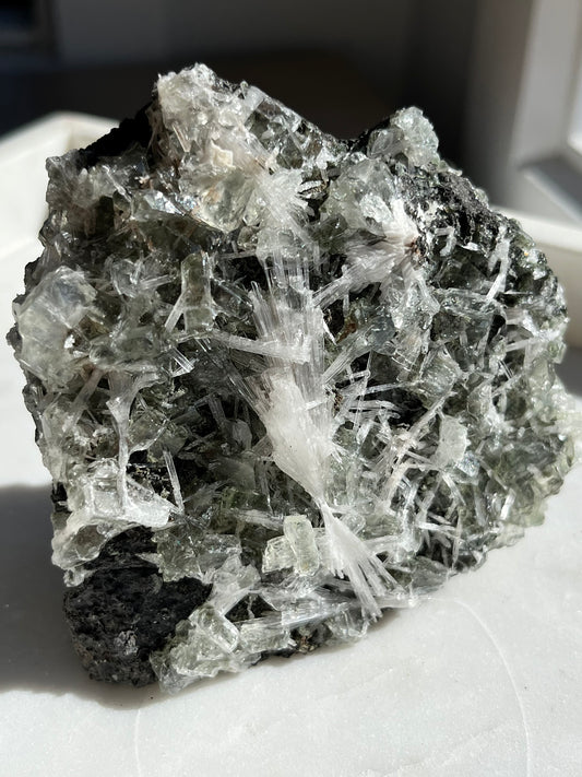 Green Apophyllite w/Scolecite Inclusions on Basalt Matrix Specimen #34