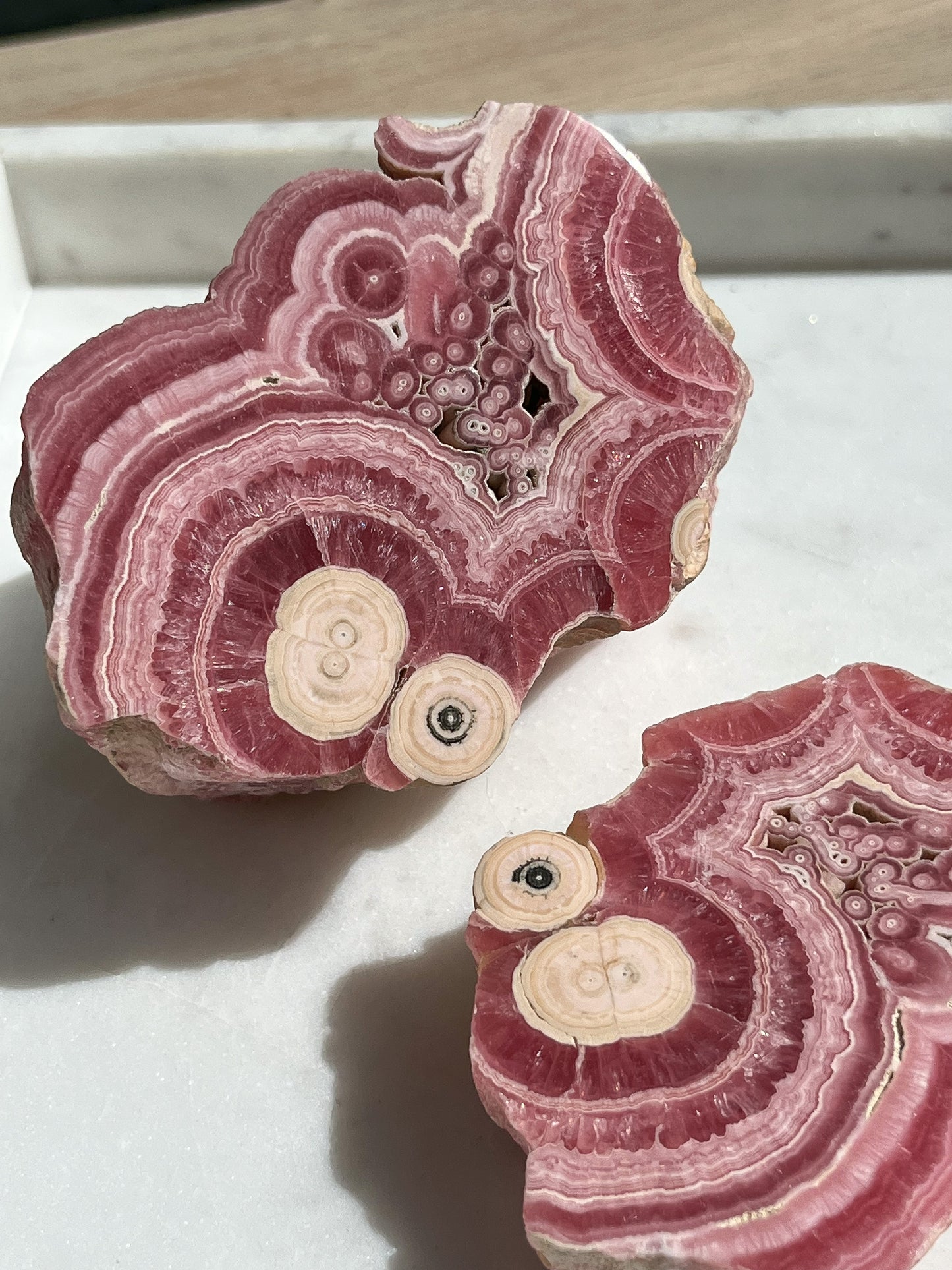 Rare 1980s Rhodochrosite “Butterfly” Stalactite Formation Slab Pair