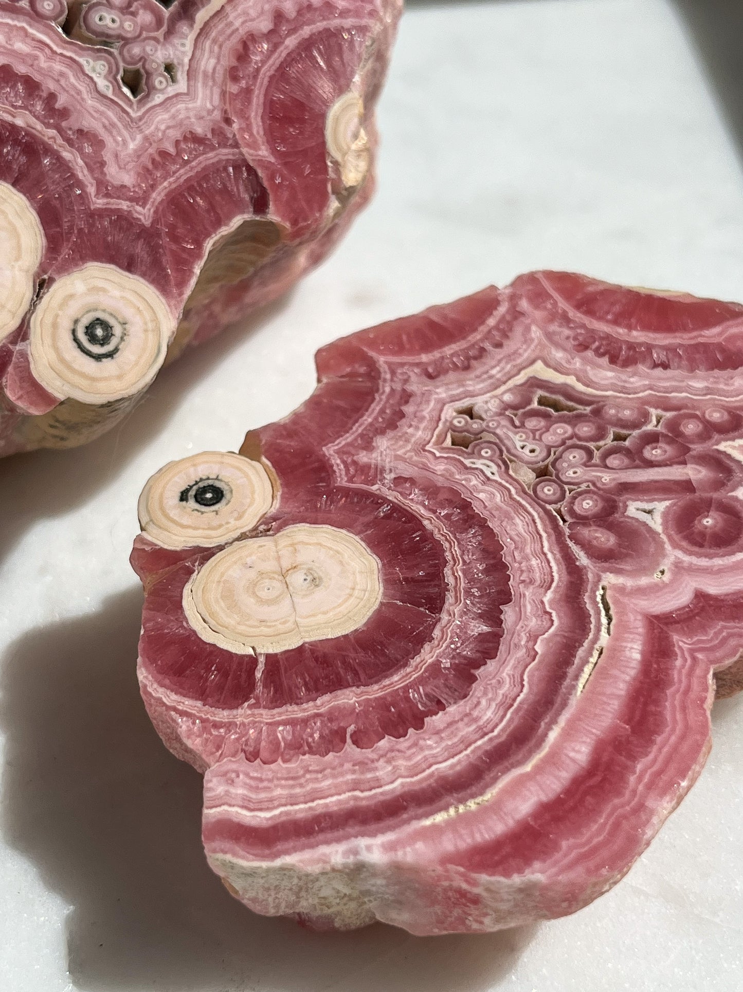 Rare 1980s Rhodochrosite “Butterfly” Stalactite Formation Slab Pair